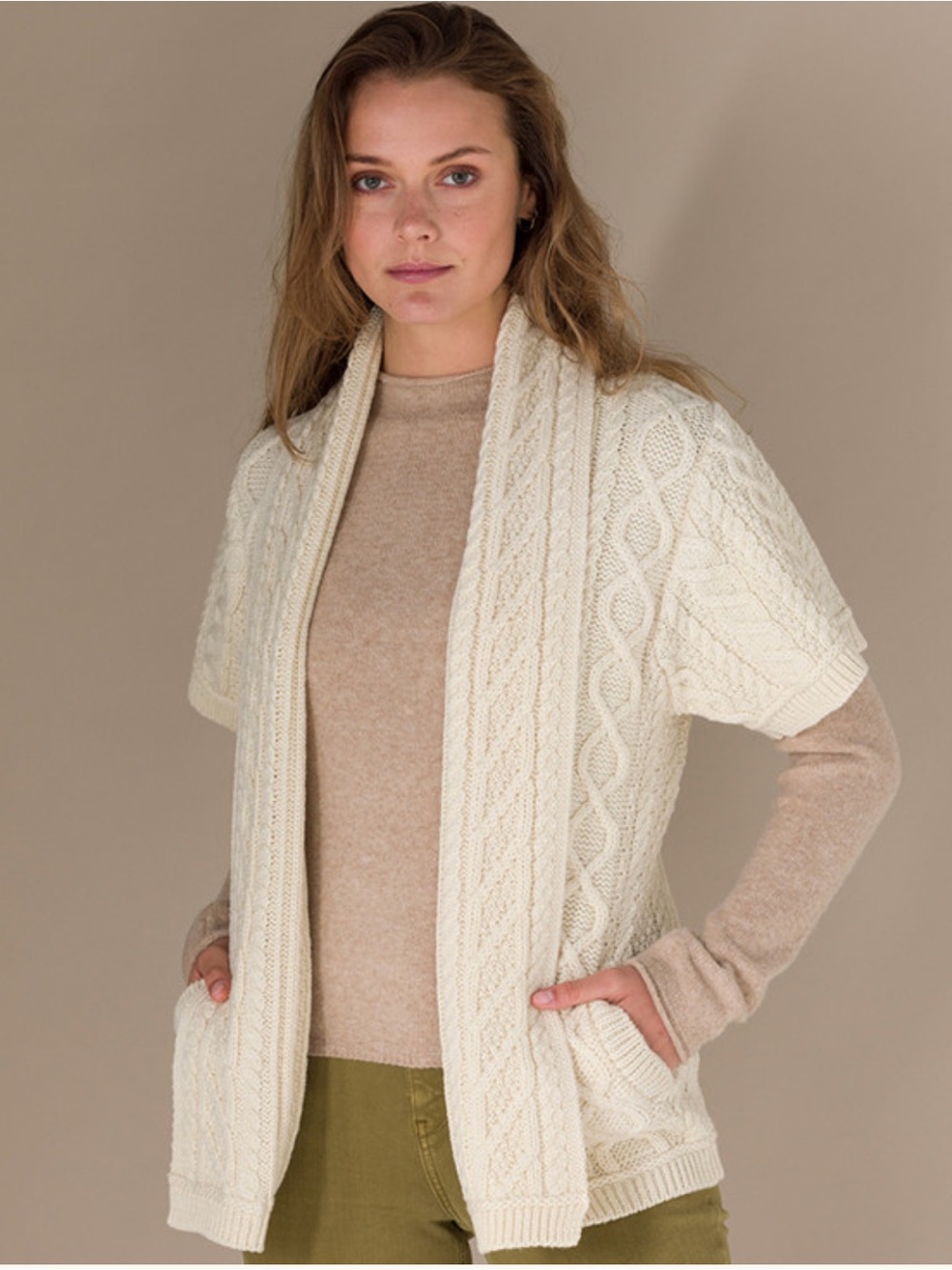 Aran Crafts Cream Short Sleeve Edge Ireland Wool Cardigan Sweater Large
